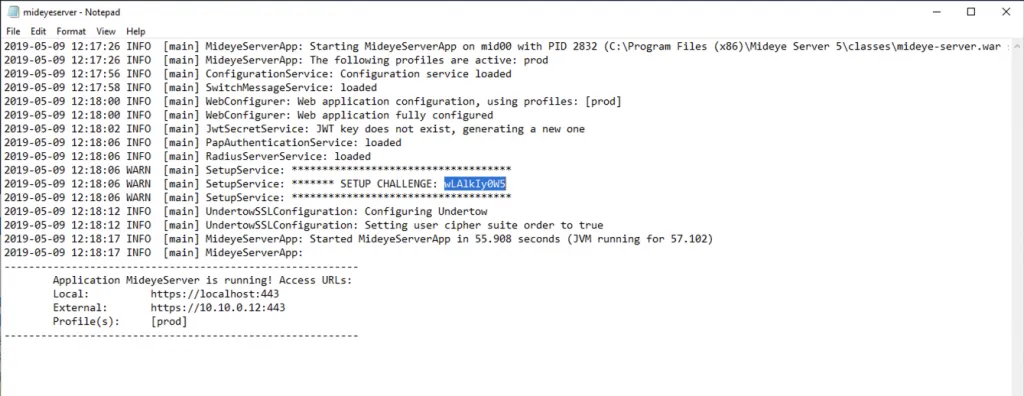 Mideye Server 5 log file showing SETUP CHALLENGE code for wizard authentication