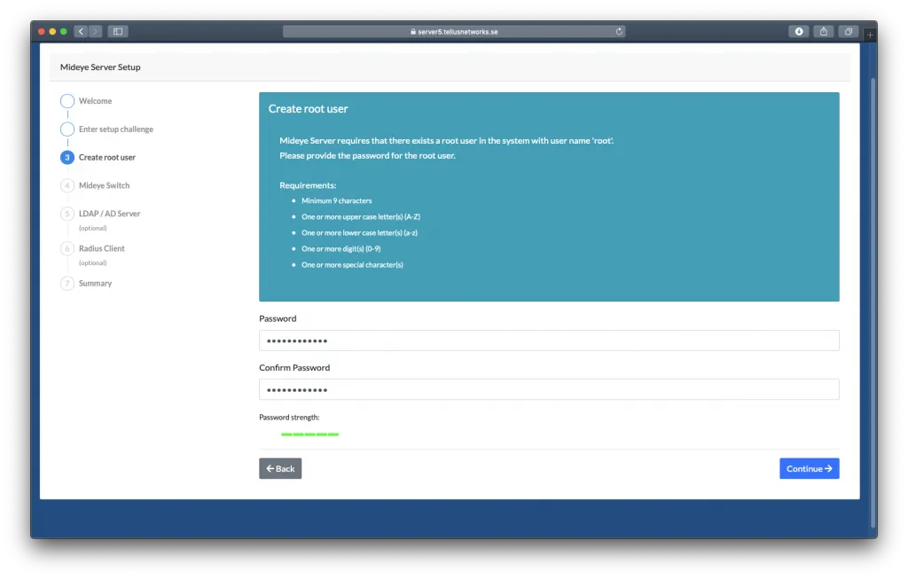 Mideye Server 5 setup wizard root password creation screen