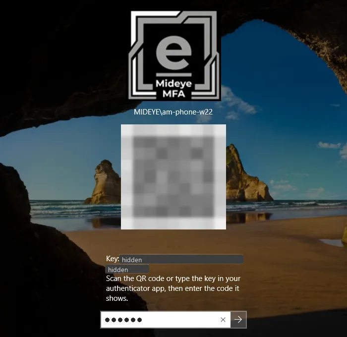 The Mideye tile with the code from the app typed in One-time code.