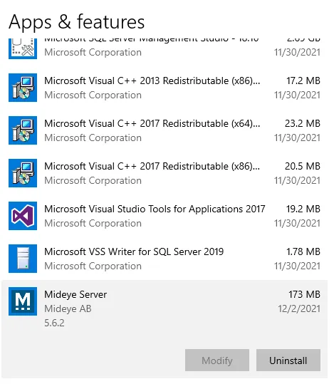 Windows Apps & Features showing Mideye Server 5 uninstall option