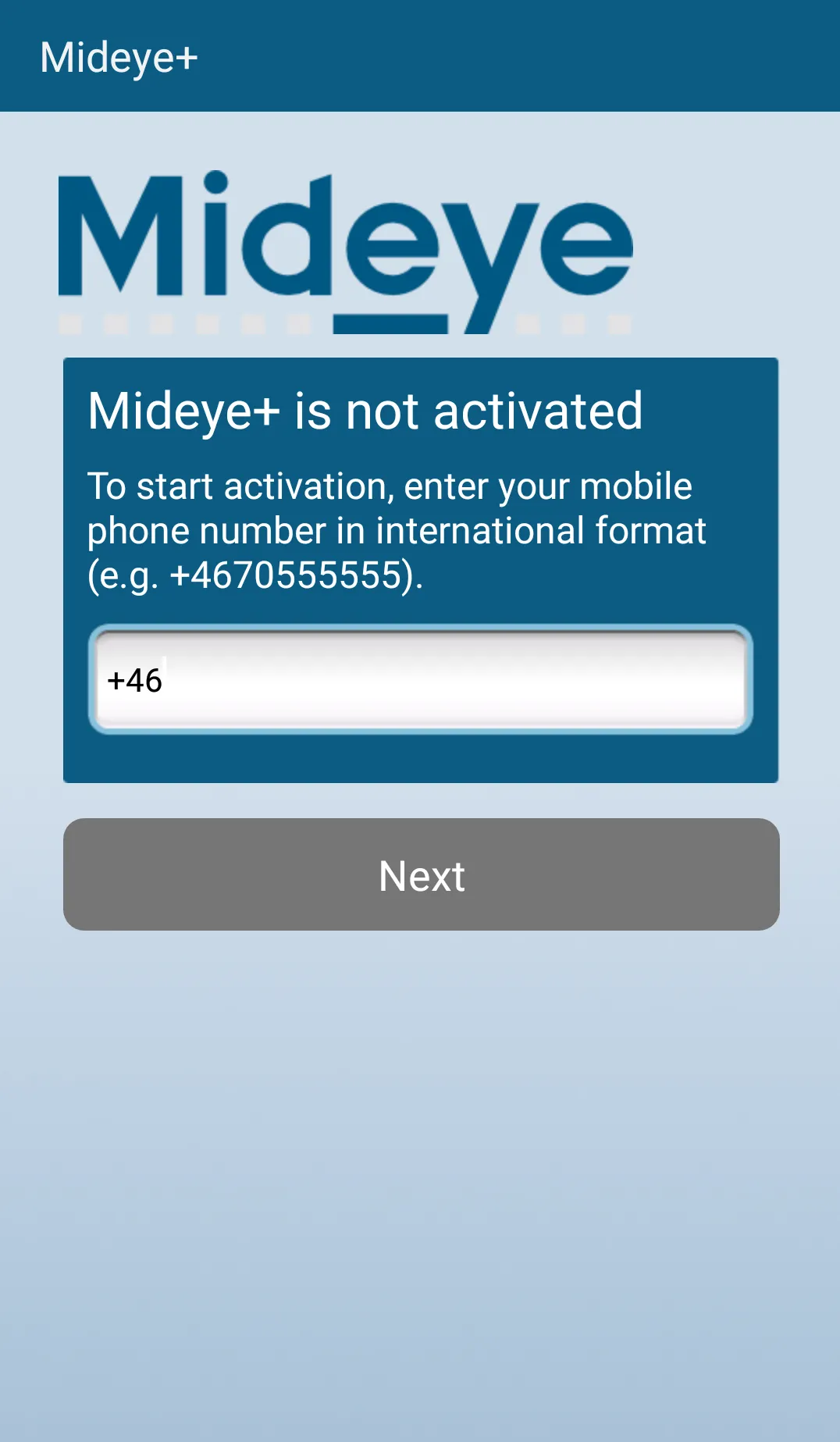 Mideye+ app Android screen for entering phone number in international format