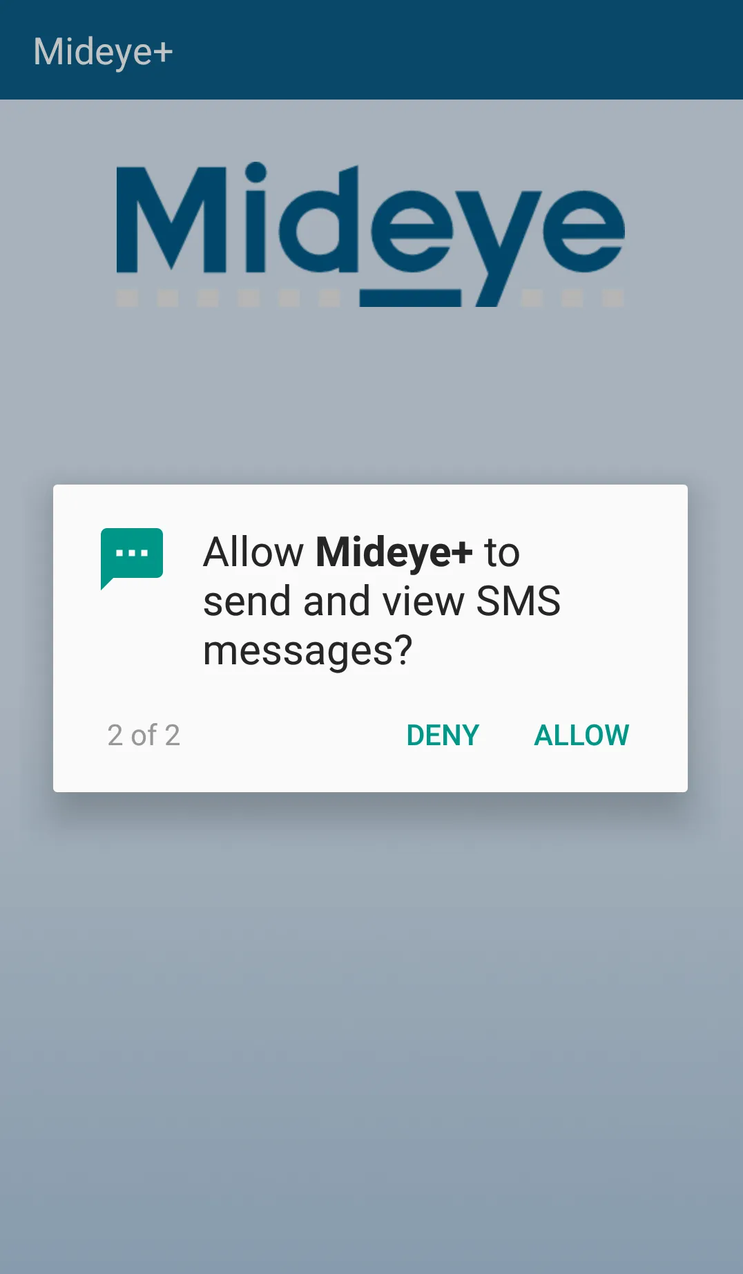 Android permission dialog requesting SMS access for Mideye+ app activation