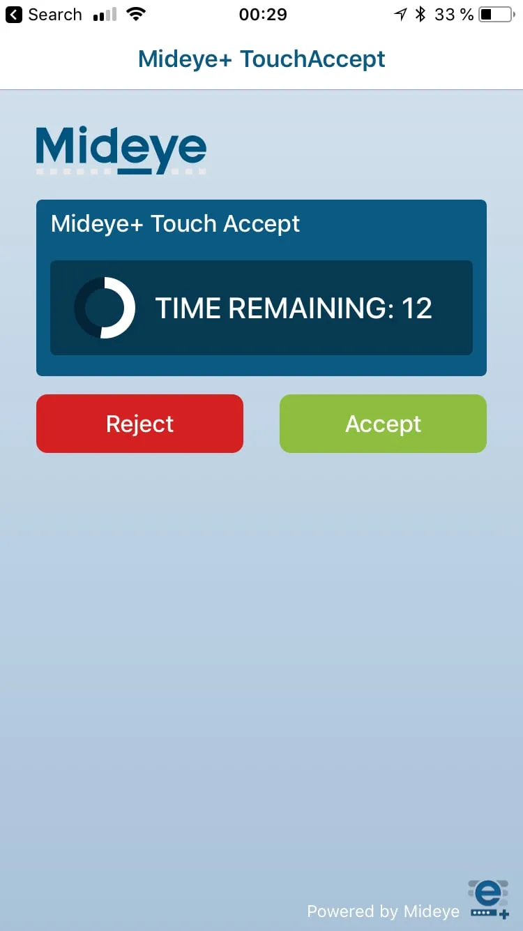 Mideye+ app Touch Accept screen with Accept and Deny buttons for one-tap MFA approval