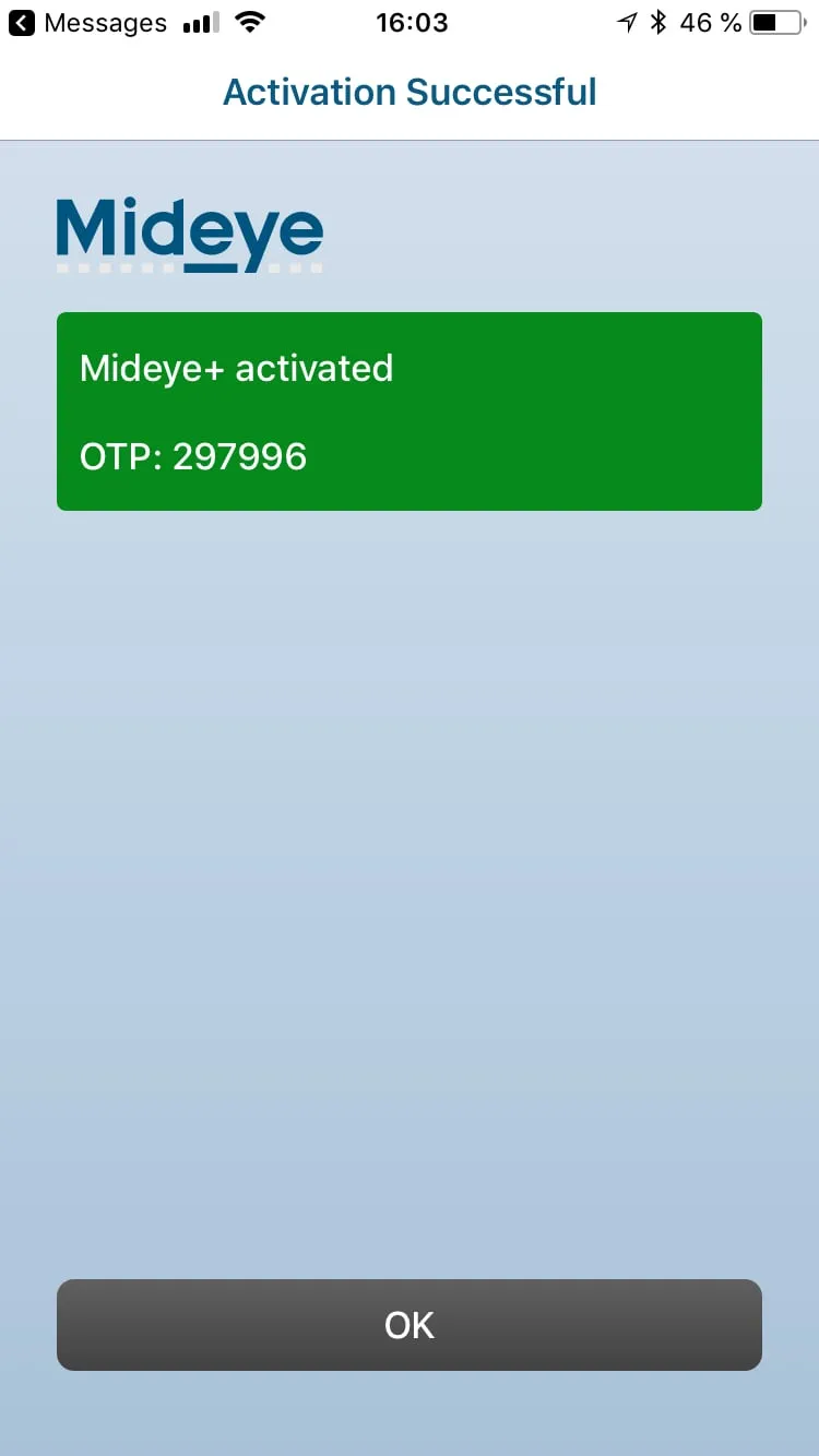 Mideye+ app showing successful activation confirmation message on iPhone
