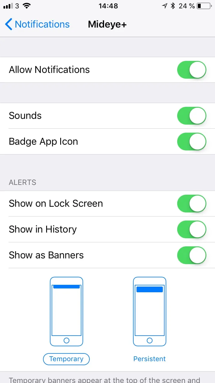iPhone Settings showing how to enable notifications for Mideye+ app