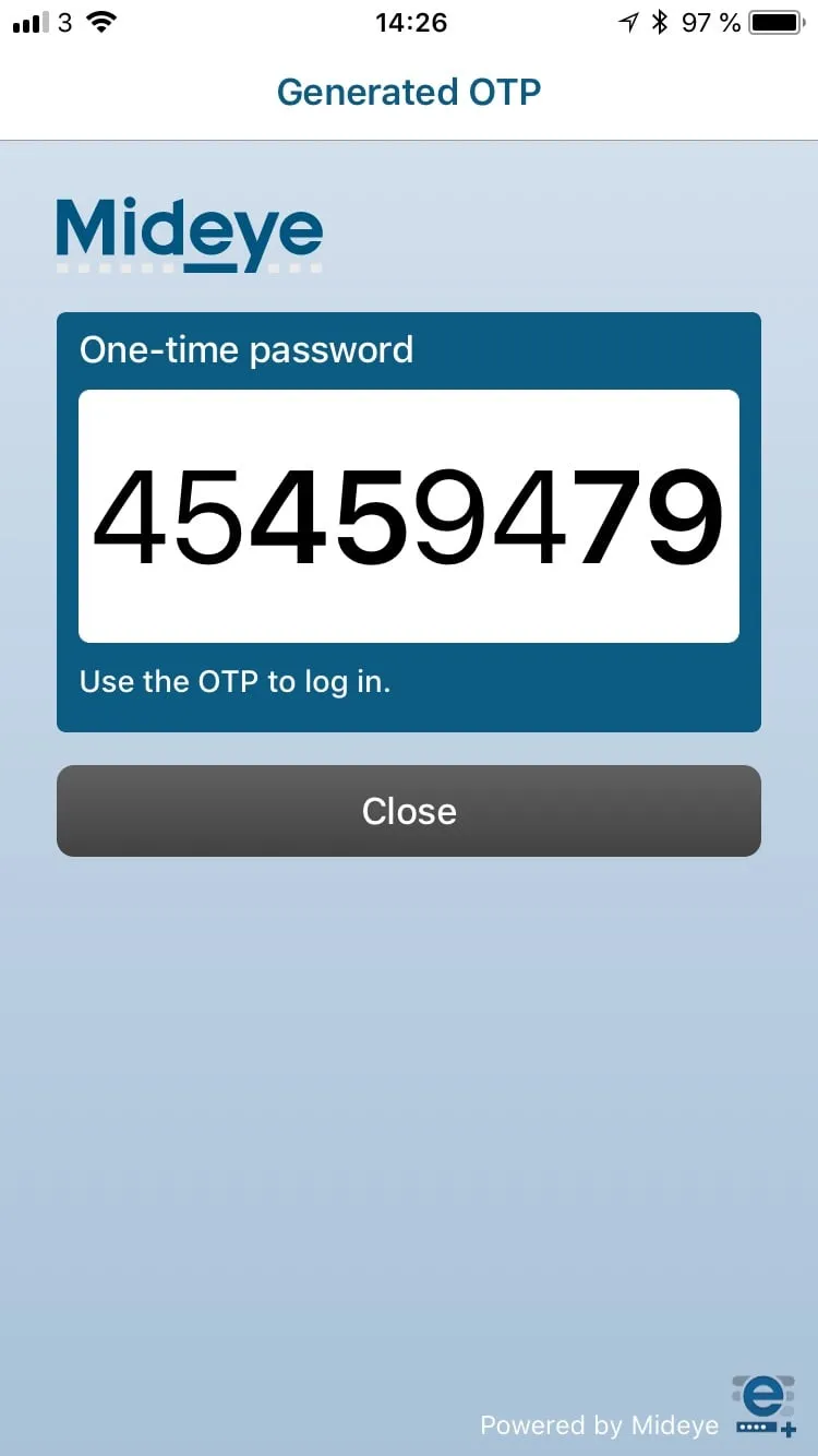 Mideye+ app displaying generated OTP code for offline authentication