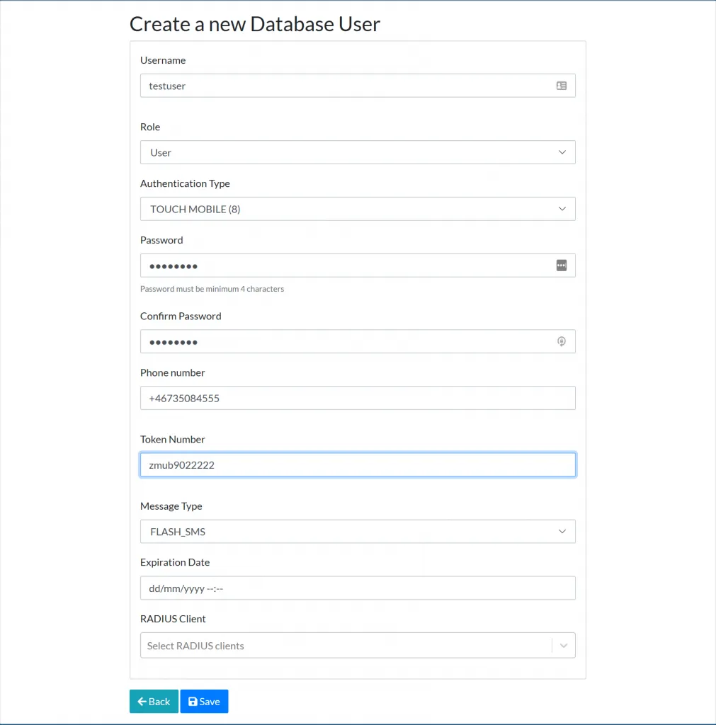 Mideye Server database user creation form with username, role, password, phone number, and authentication settings