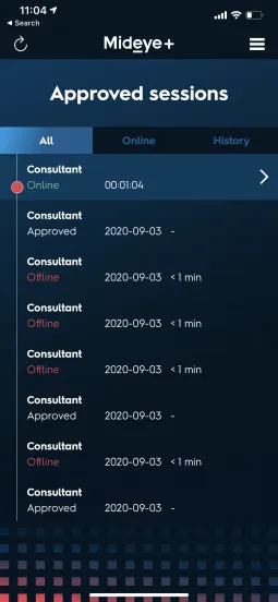Mideye+ app showing active session as Online with option to terminate