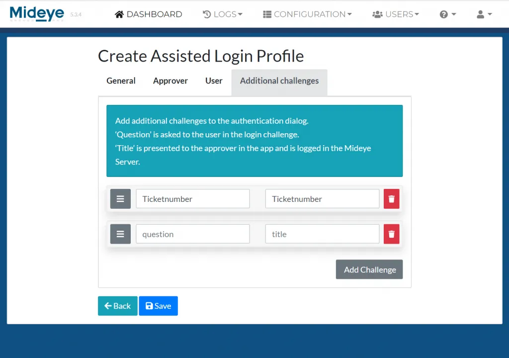 Mideye Server Assisted Login additional challenge configuration for RADIUS challenge-response