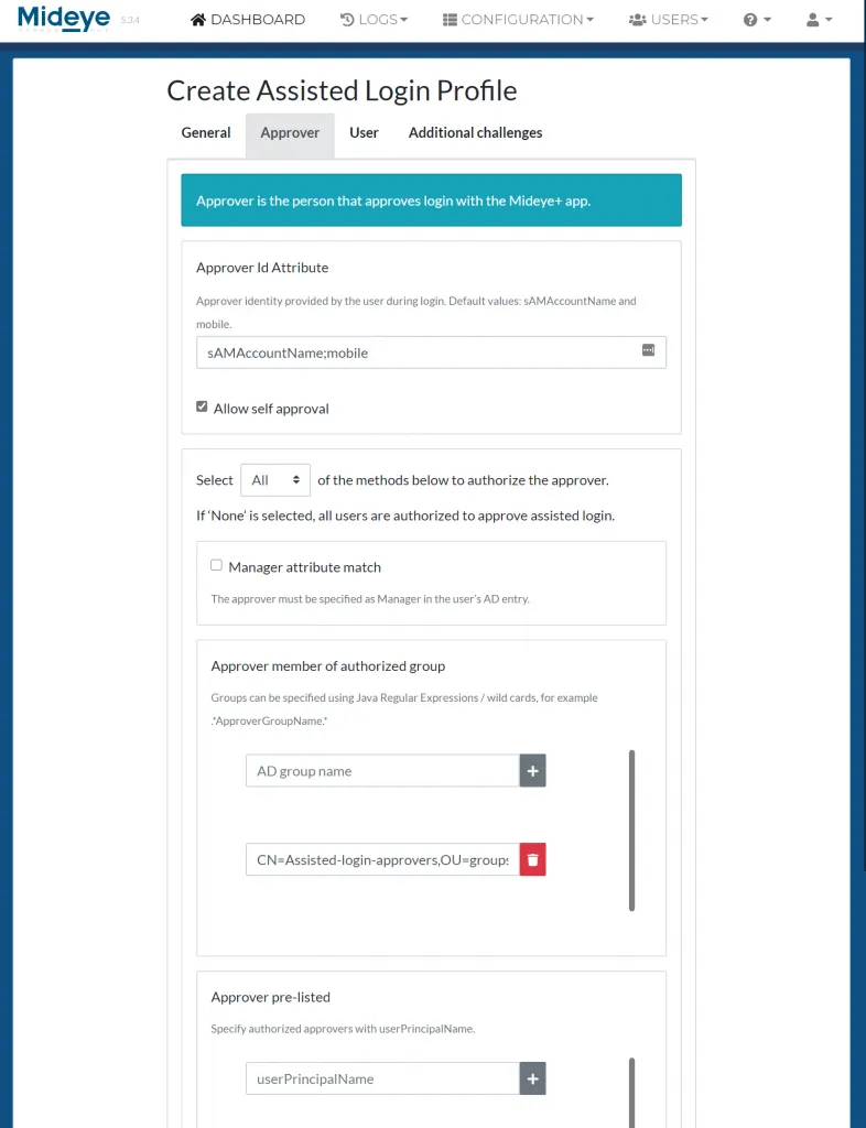 Mideye Server Assisted Login Profile approver configuration with LDAP attribute selection and authorization rules