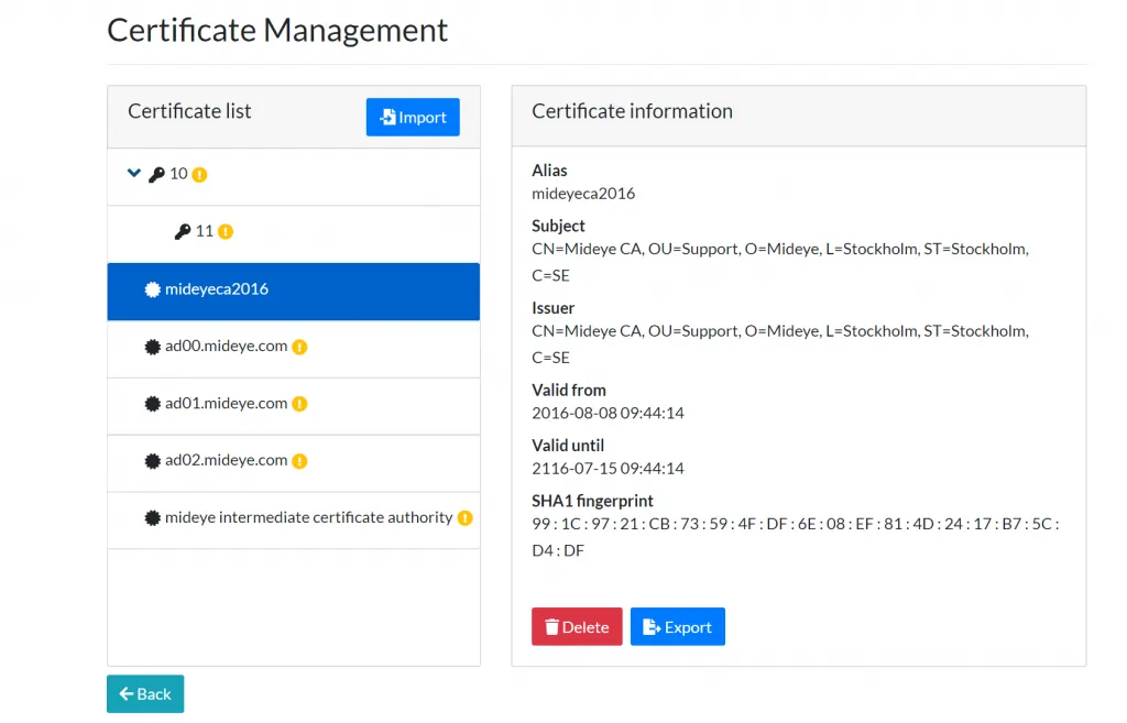 Mideye Server Certificate Management overview showing imported LDAPS and Web GUI certificates