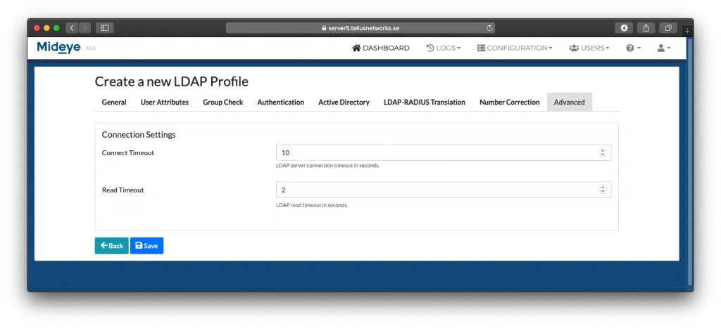 Mideye Server LDAP Profile advanced settings for connection timeout and read timeout