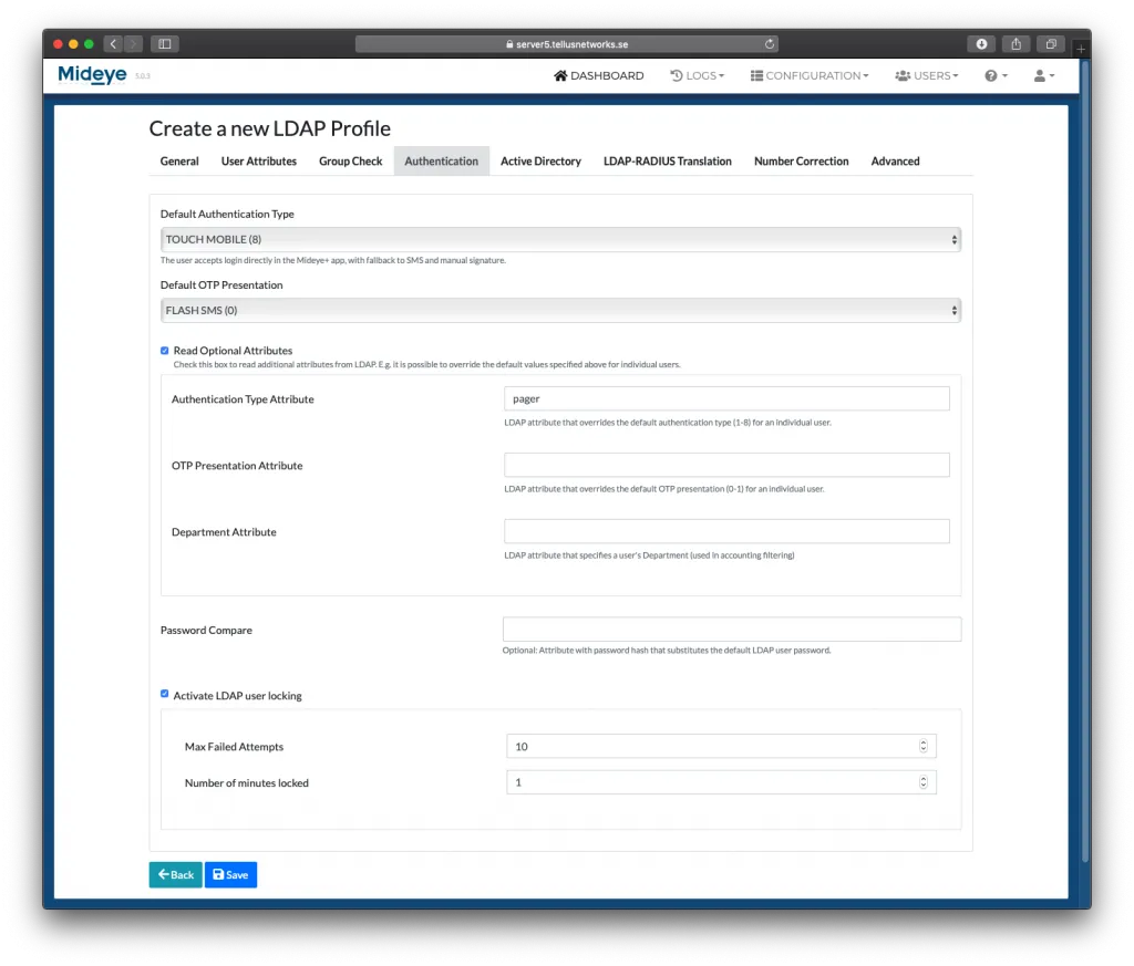 Mideye Server LDAP Profile authentication settings with default auth type, OTP presentation, and user blocking options