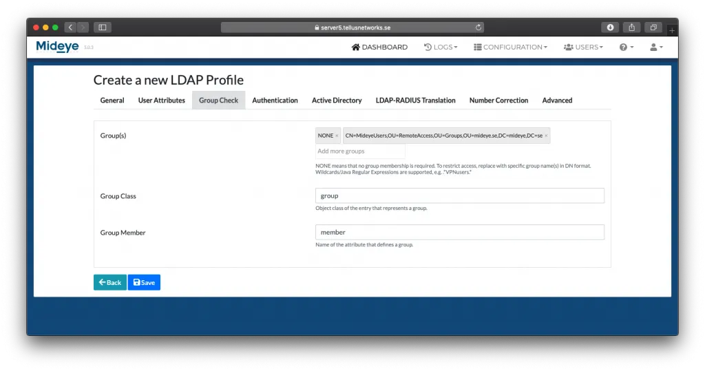 Mideye Server LDAP Profile group check configuration with DN-based group filtering and nested group support