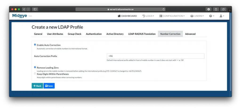 Mideye Server LDAP Profile number correction settings for international phone format auto-correction