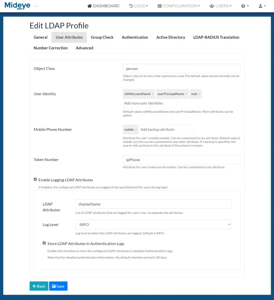 Mideye Server LDAP Profile user attributes configuration for object class, user identity, mobile phone, and token number