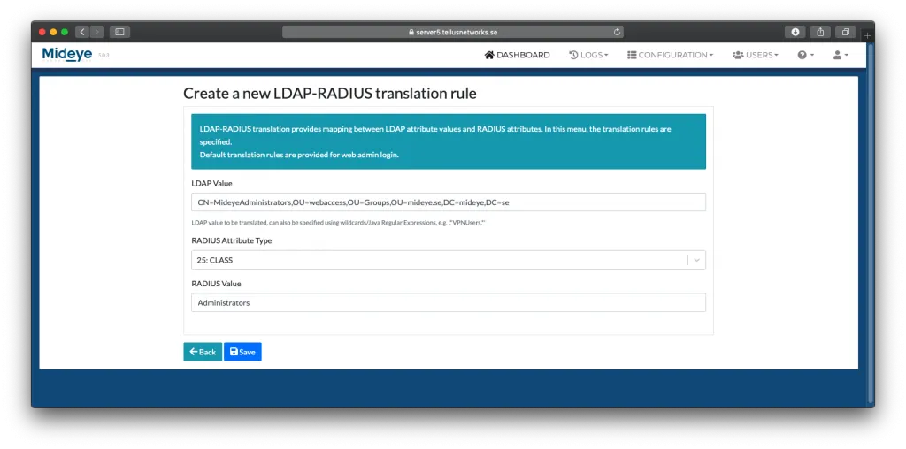 Mideye Server LDAP-RADIUS Translation rule configuration with LDAP attribute, value, and RADIUS attribute mapping