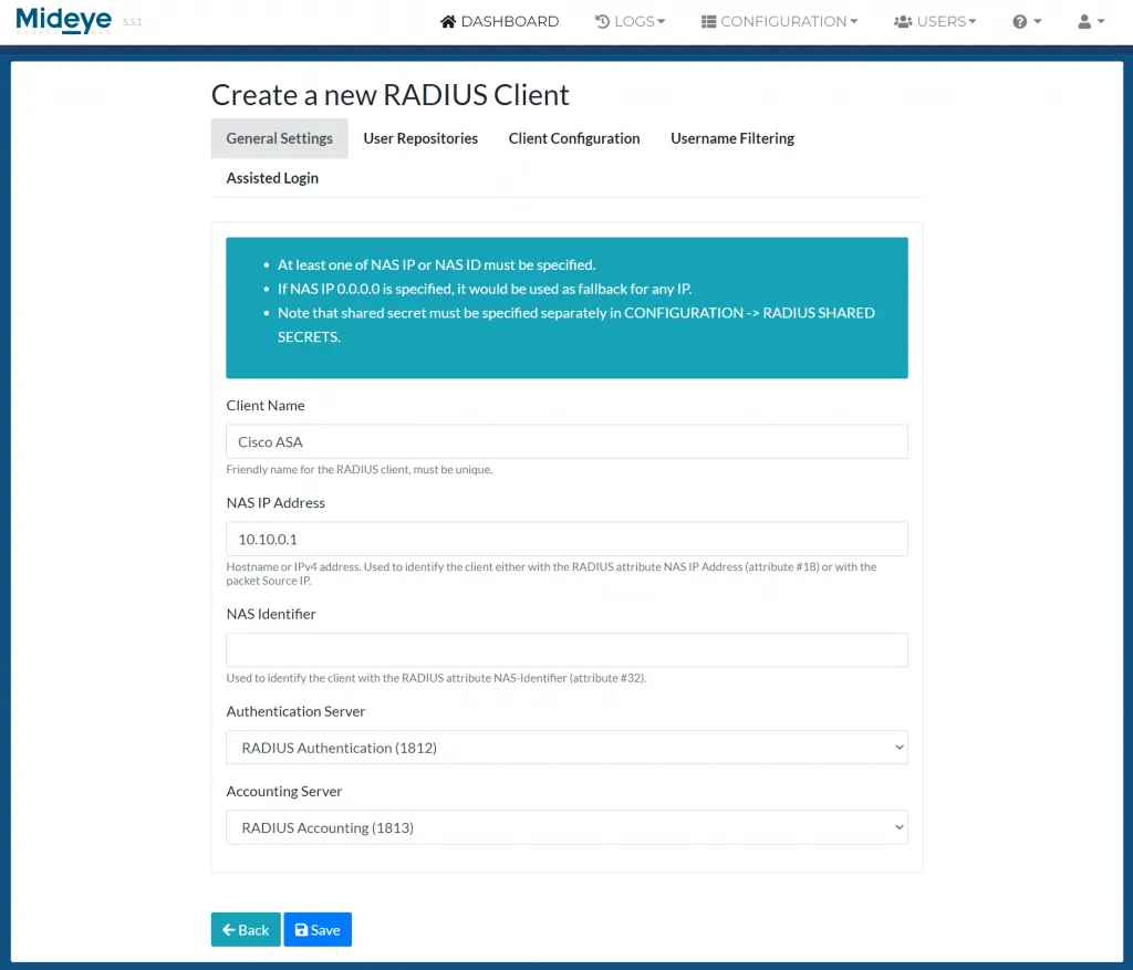 Mideye Server RADIUS client general settings with client name, NAS IP address, and server selection