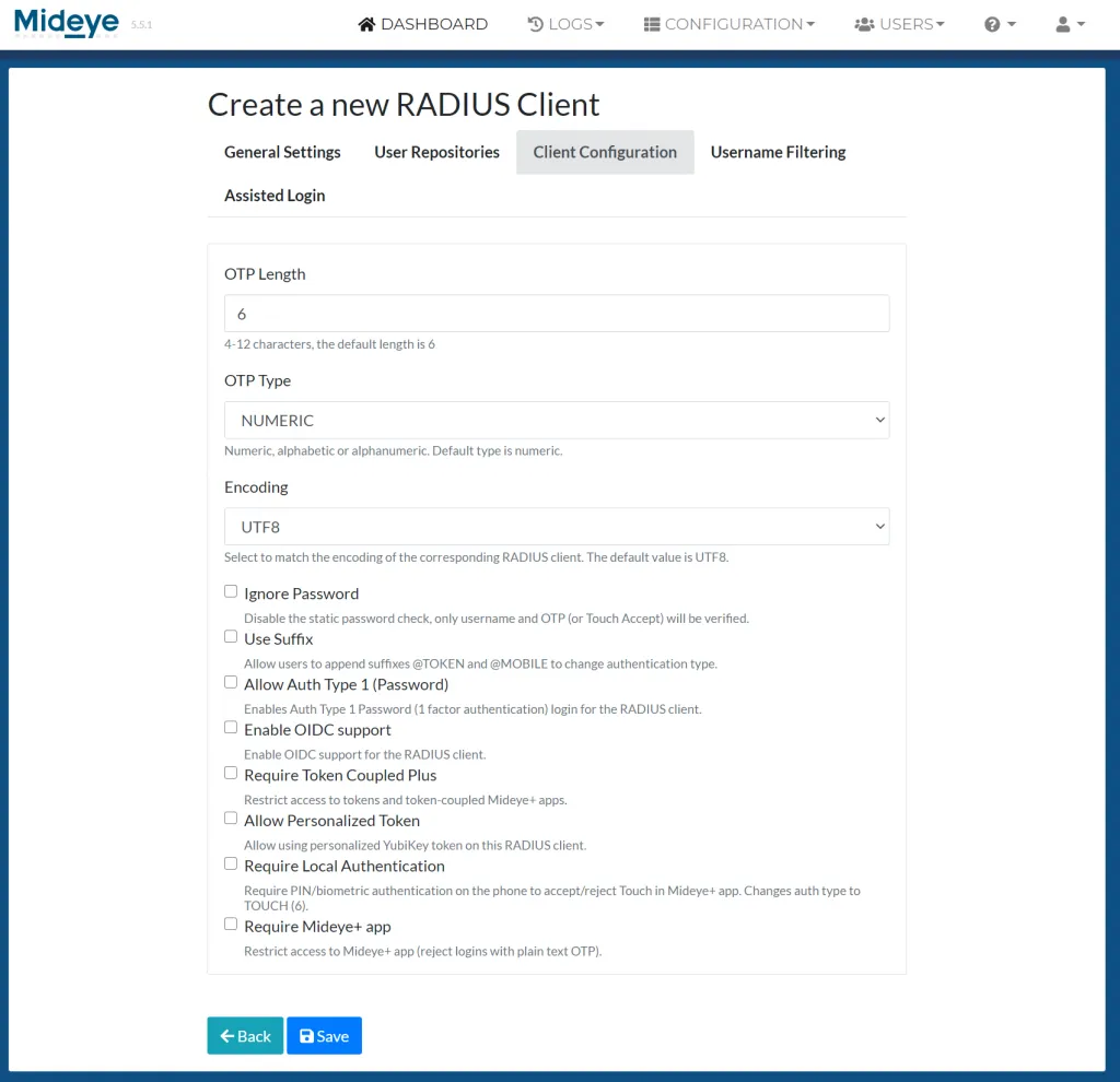 Mideye Server RADIUS client configuration with OTP length, encoding, and authentication options