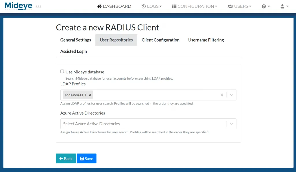 Mideye Server RADIUS client user repositories configuration with database, LDAP profiles, and Entra ID options