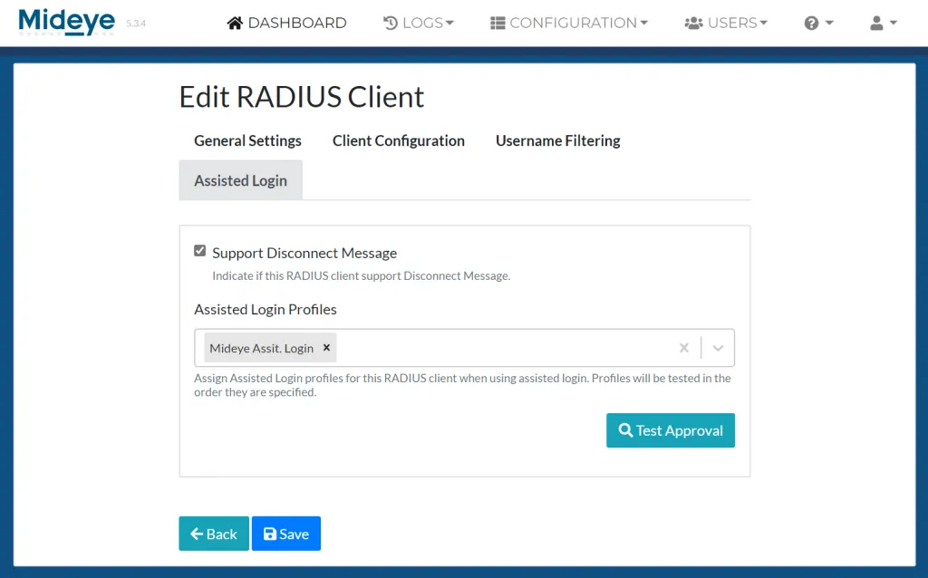 Mideye Server RADIUS client configuration with Disconnect Messages and Assisted Login profile enabled