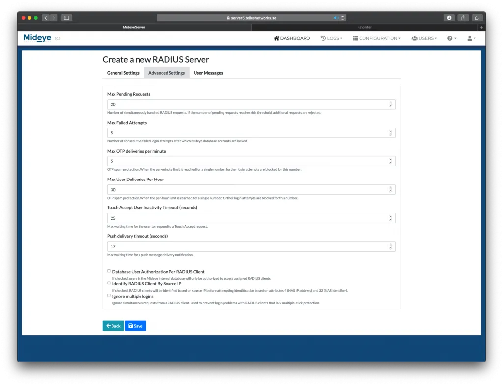 Mideye Server RADIUS server advanced settings with Touch Accept timeout, push delivery timeout, and identification options