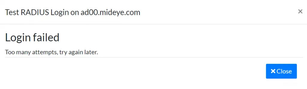 Mideye Server authentication log showing Too many attempts error when spam filter is triggered