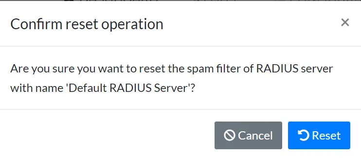 Mideye Server spam filter reset dialog showing blocked users and reset option