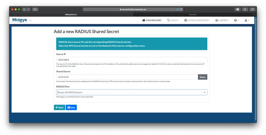 Mideye Server RADIUS shared secrets configuration with source IP, shared secret, and port binding options
