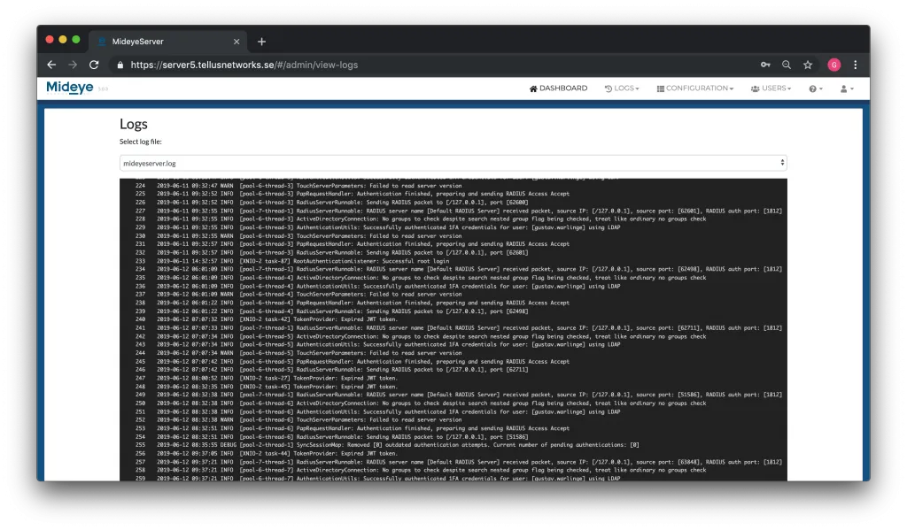Mideye Server Web GUI log files browser showing available log files and trace files