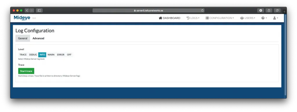 Mideye Server log configuration showing log level dropdown and Start/Stop Trace buttons