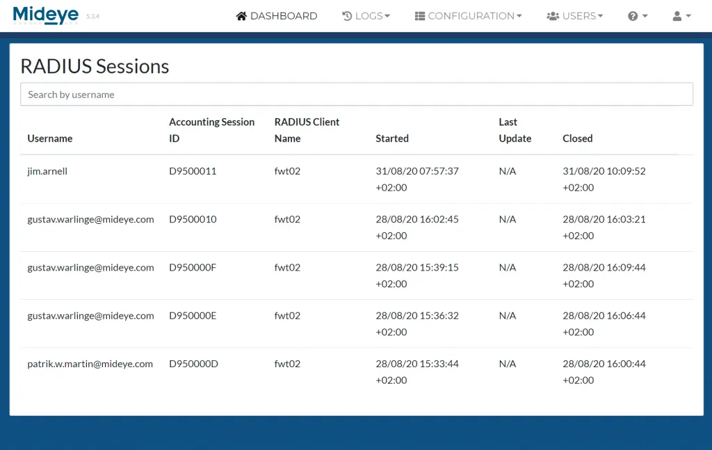 Mideye Server RADIUS Sessions view showing active and completed sessions with timestamps and user details