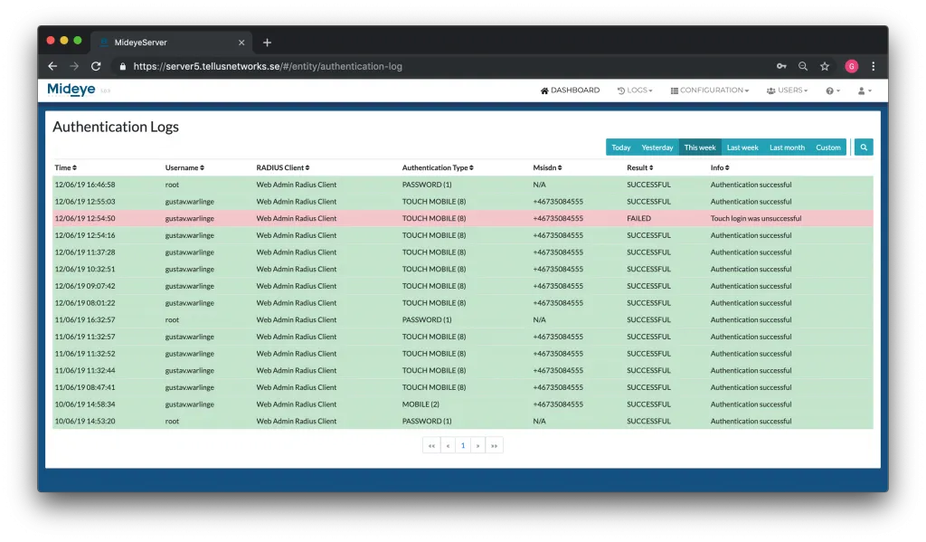 Mideye Server authentication logs view showing time, username, RADIUS client, authentication type, and result columns