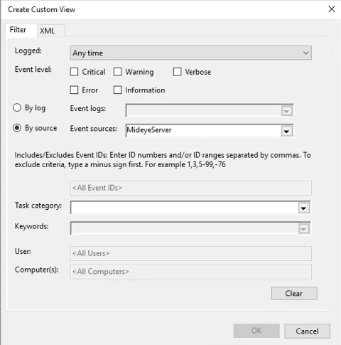 Windows Event Viewer Create Custom View dialog with MideyeServer selected as event source