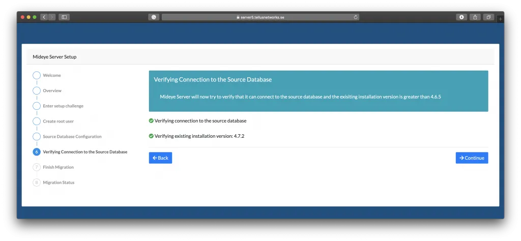 Mideye Server 5 Import Wizard showing successful database connection verification with green status