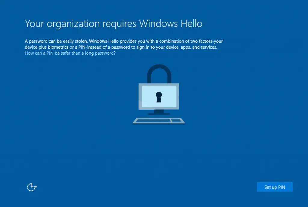 Windows Hello for Business enrolment prompt — user clicks Set up PIN