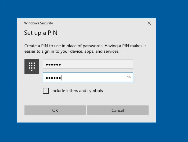 Windows Hello PIN creation screen — user sets a PIN for future logins