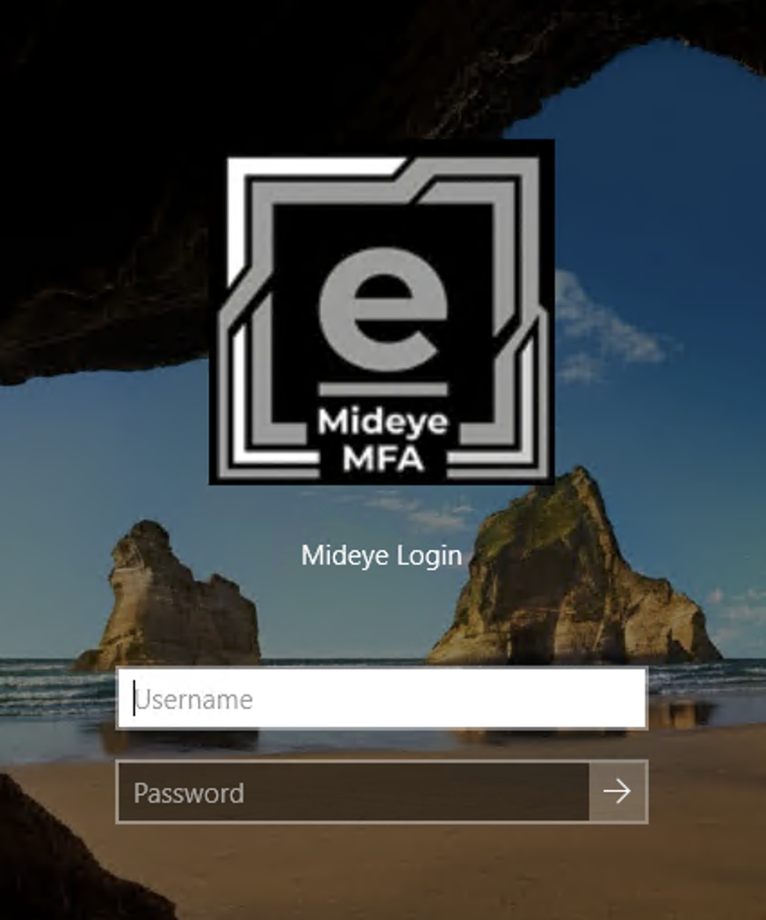 The Mideye logon tile on a Windows logon screen, the white-framed Mideye 'e' mark with the "Mideye MFA" caption, the "Mideye Login" heading, and Username and Password fields below.